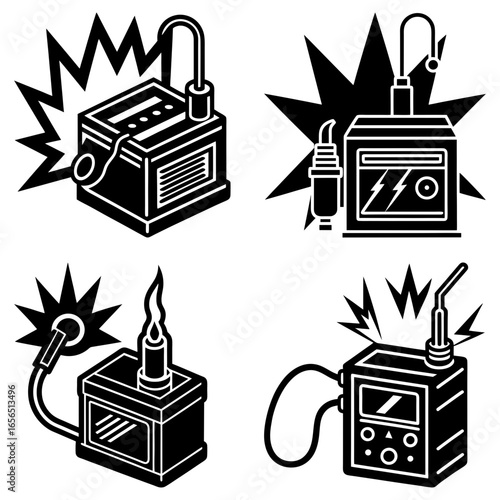 Four black and white illustrations of different welding machines with various designs and spark effects