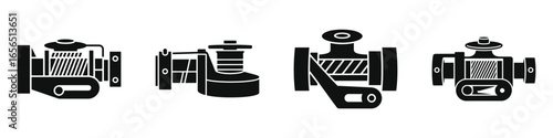 Set of Four Black Silhouette Winch and Pulley Mechanism Icons, Industrial Hoisting Equipment Vector Illustrations for Construction, Marine, and Mechanical Applications
