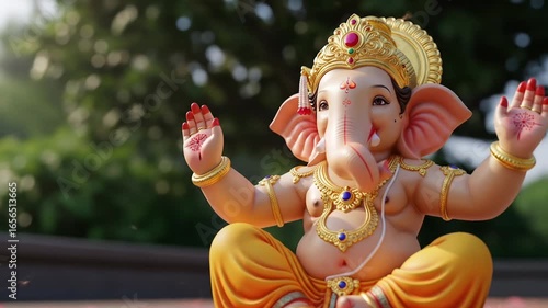 Vibrant Sculpture of Hindu God Ganesh in a Sitting Pose with Gold and Orange Colors in Warm Sunlight
