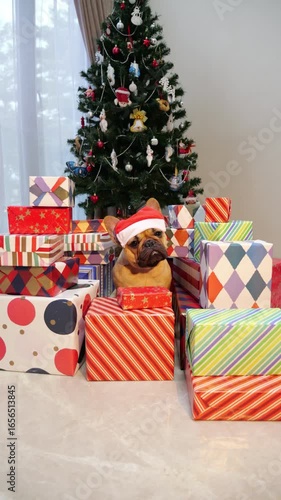 Dog wearing Christmas hat sits still near decorated tree with gifts, then suddenly tilts her head as if listening attentively. Colorful wrapped presents lie around her on the floor.