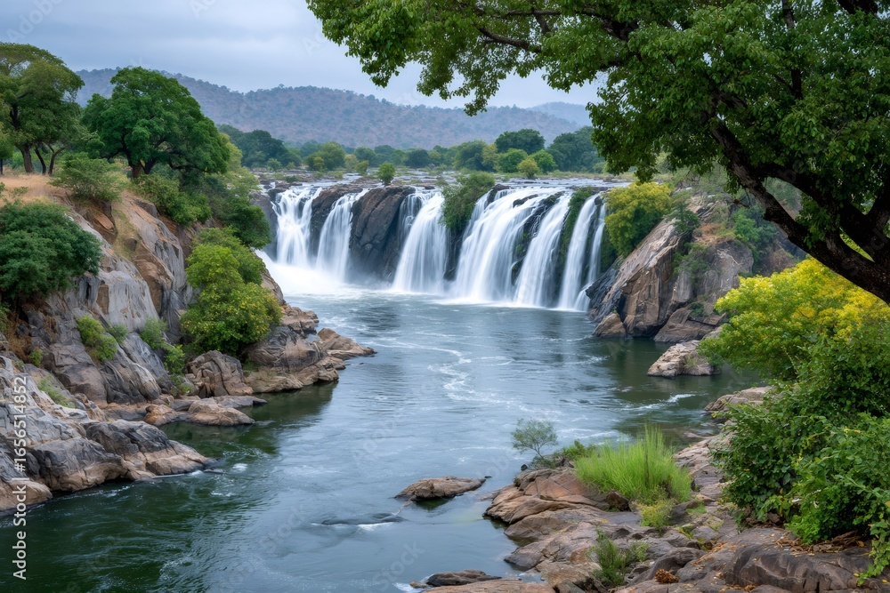 Obraz premium Hogenakkal falls cascading into the kaveri river, india, framed by lush green vegetation