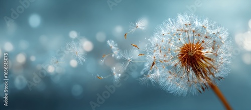 A dandelion seed head floats in the breeze, with bokeh background © Yudi