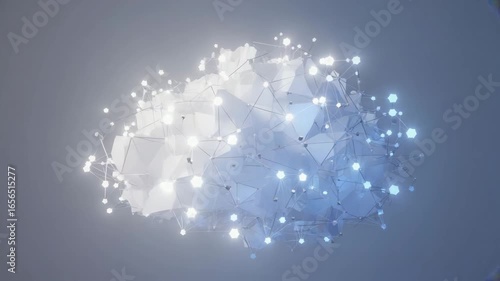 A self-organizing digital cloud of glowing data particles forming a complex network. Abstract animation representing AI, big data, machine learning, and cloud computing technology.