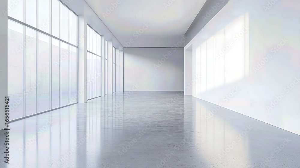 Obraz premium Modern Empty Room with Large Windows and Reflective Floor, Bright Interior Design, Minimalist Architecture