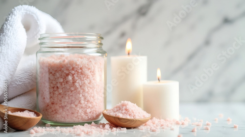 Spa Flatlay – glass jar of pink bath salts with wooden spoon, soft towel, and candles on a marble background.