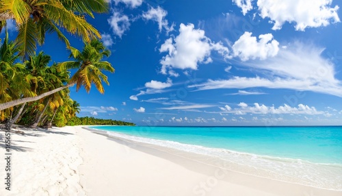 Idyllic tropical beach scene with turquoise water, white sand and swaying palm trees