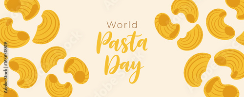 Banner for World Pasta Day with lettering and pipe rigate pasta. For social media or event promotion