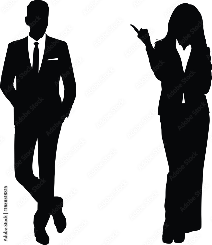 Fototapeta premium Silhouettes of office employee male and female corporate figure businesspeople in different poses on white background