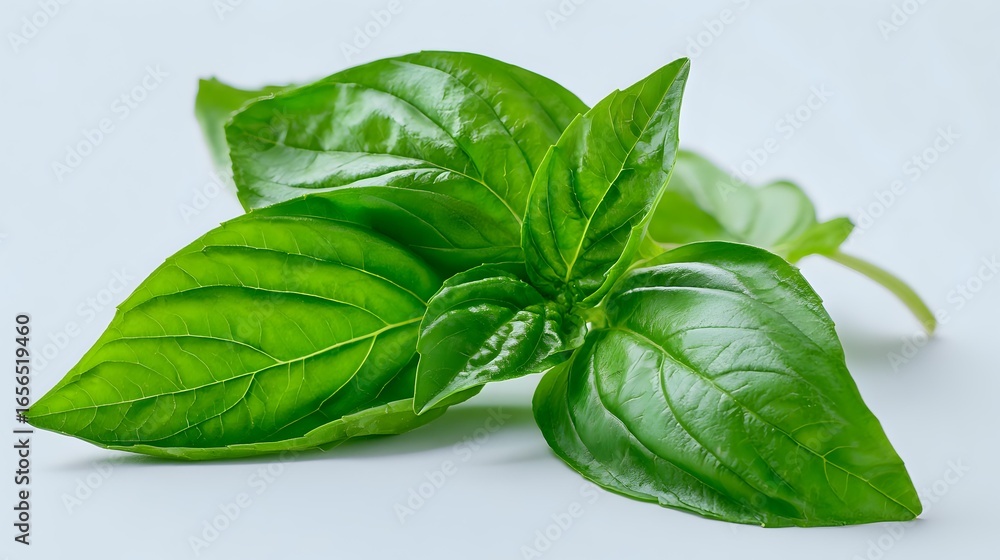 Fototapeta premium Fresh green basil leaves with detailed texture and water drops on white background, aromatic culinary herb isolated for cooking and food design projects.