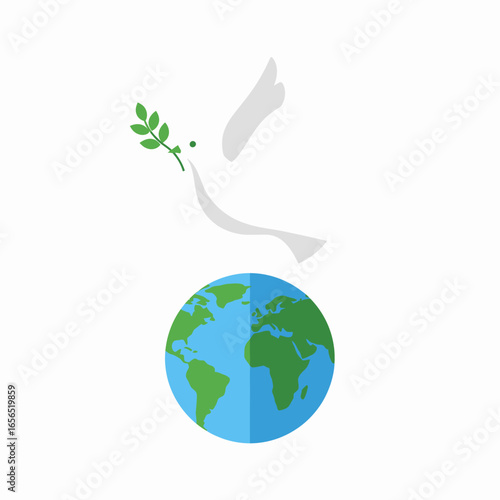 Flat vector dove with olive branch above planet Earth