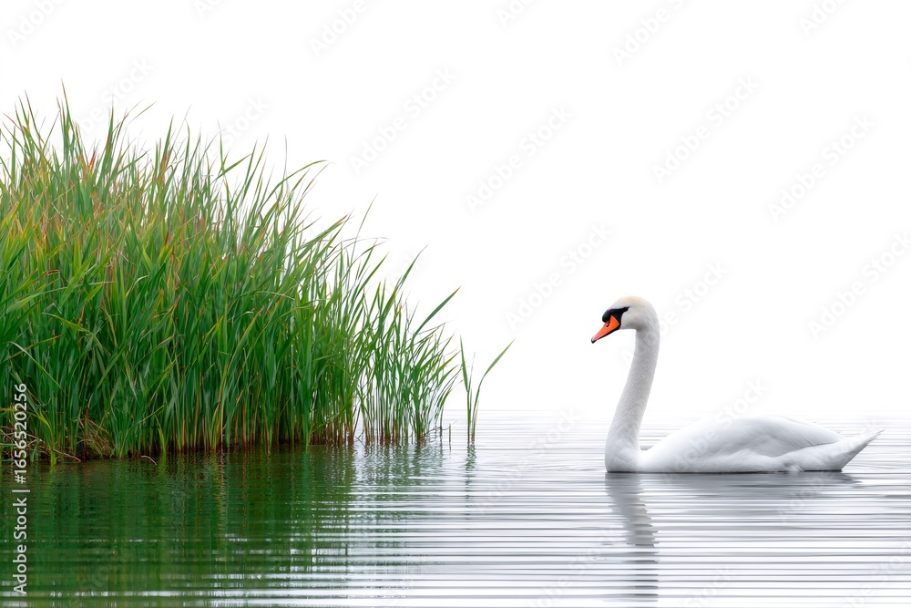 Obraz premium White swan swimming on lake with green reeds in background