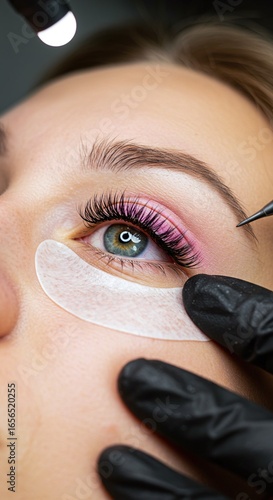 A professional aesthetician meticulously applies vibrant pink eyelash extensions to a client's eye, enhancing beauty with precision. This intricate cosmetic procedure showcases skilled application