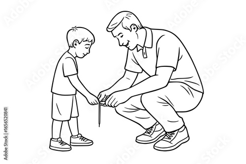 Father teaching son to tie shoelace black and white line art
