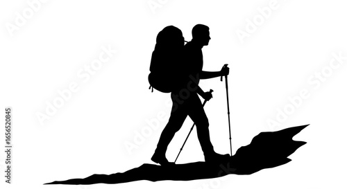 Silhouette of hiker with backpack and trekking poles climbing mountain for outdoor adventure trip 100 -