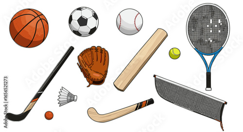 Collection of various sports equipment for team and individual games and activities including balls and rackets -