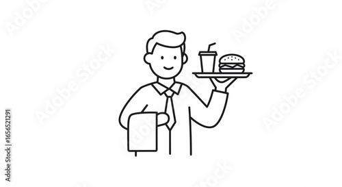Waiter serving food and drink illustration for restaurant menu and food service design and hospitality industry -