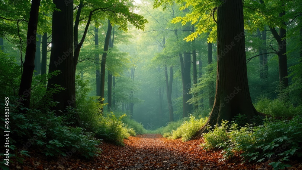 Obraz premium A path through a misty green forest.
