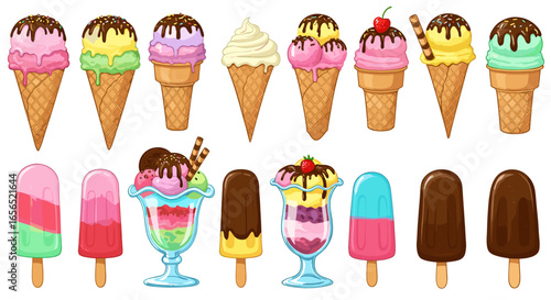 Delicious ice cream cone collection and sweet popsicle treats for summer desserts and frozen snacks vector art -