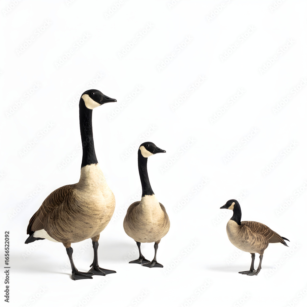 Obraz premium Three geese standing together on a plain white background