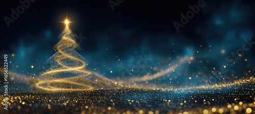 Golden Christmas tree graphic on a dark background with glittering particles