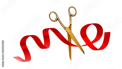 Golden Scissors Cut Ribbon. Grand Opening Ceremony