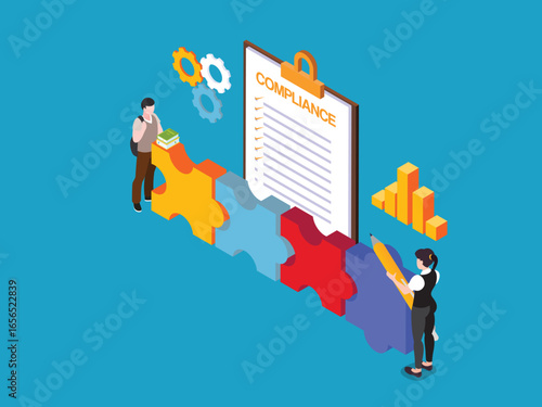 two people putting together a puzzle to complete a "Compliance" checklist 3d isometric vector illustration