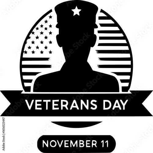 Silhouette Emblem of Remembrance: A poignant black and white emblem honoring veterans, featuring a soldier's silhouette set against the backdrop of the national flag.