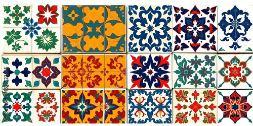 Vintage tile patterns, various shapes & colors, isolated on white,  graphic,  retro