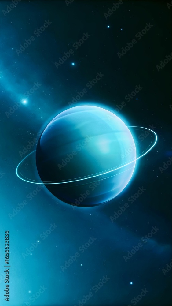 Majestic Blue Planet with Glowing Ring System in Deep Space Majestic Blue Planet with Glowing Ring System in Deep Space