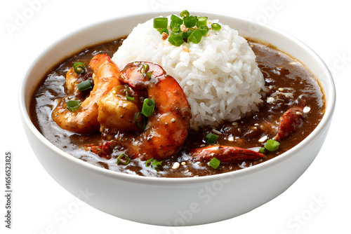 A hearty bowl of authentic shrimp gumbo in a rich, dark stew with a scoop of white rice. This isolated shot is perfect for Cajun & Creole restaurant menus.