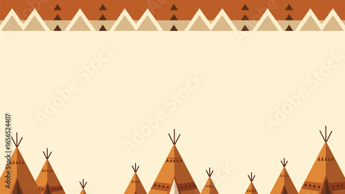 Minimalist design for Native American Day featuring traditional teepees and tribal patterns with earthy tones. Suitable for holiday greeting cards, backgrounds, and cultural event promotions.