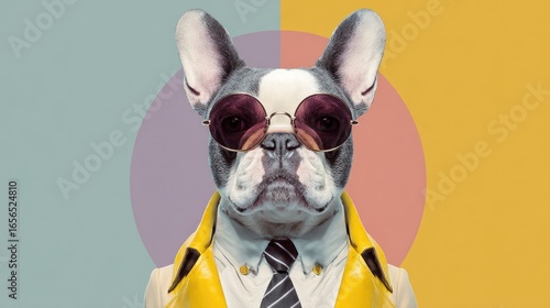 Dog in sunglasses and yellow coat, bold colors