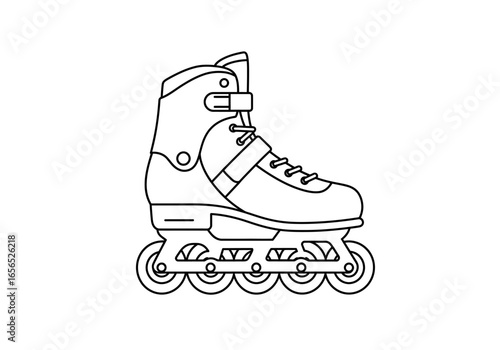 A black and white line art illustration of a rollerblade