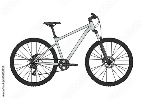 A gray mountain bike with black tires spokes seat and handlebars
