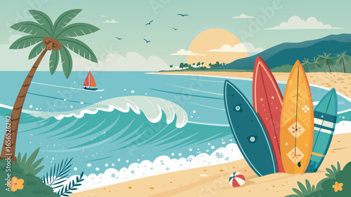 Colorful Surfboards on a Sandy Beach with Ocean Waves and Palm Trees