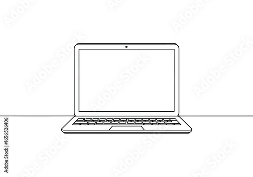 A simplistic line drawing of an open laptop computer on a flat surface against a plain white background