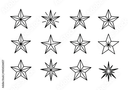 Black outlines of 12 unique star shapes on a white background arranged in a grid