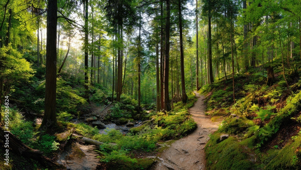 Obraz premium Lush forest trail winding through valley