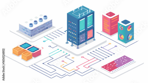 Isometric Illustration of Data Centers and Connected Network Architecture