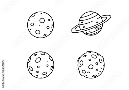 Four cartoon planets one with rings three with craters and dots all in black and white