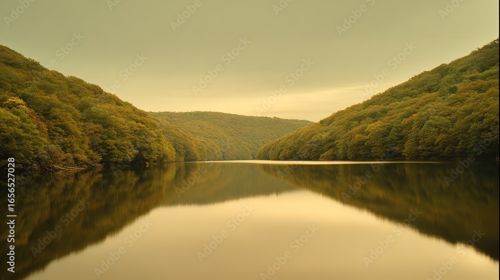 Fototapeta premium A serene lake mirroring golden sunset and forest, creating a perfectly symmetrical dreamscape.