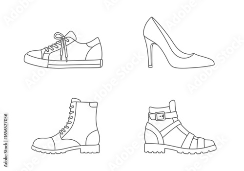 Line art depicts four shoe types sneaker high heel laceup boot and strapped boot
