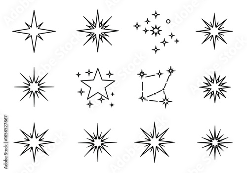 Twelve black  white starburst  constellation drawings arranged in a rectangular grid pattern
