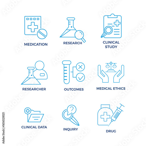 Medical and Scientific Research Line Icons Set, Healthcare and Science Concept Icons, Set of Medical Research and Ethics Vector Symbols