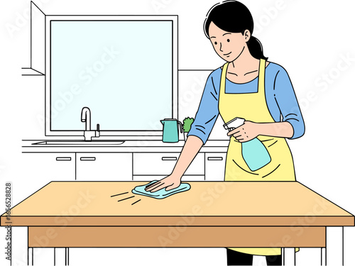 Illustration of a housewife cleaning a table surface	