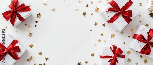 White gift boxes with red ribbons and gold star confetti on a white background
