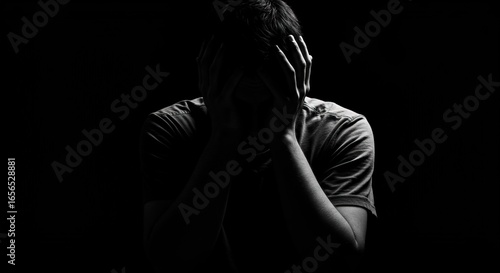 A dramatic black and white image of a person in despair, covering their face in the dark. A concept for sadness, grief, and mental health issues.