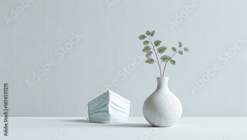 Minimalist still life with a vase and face mask