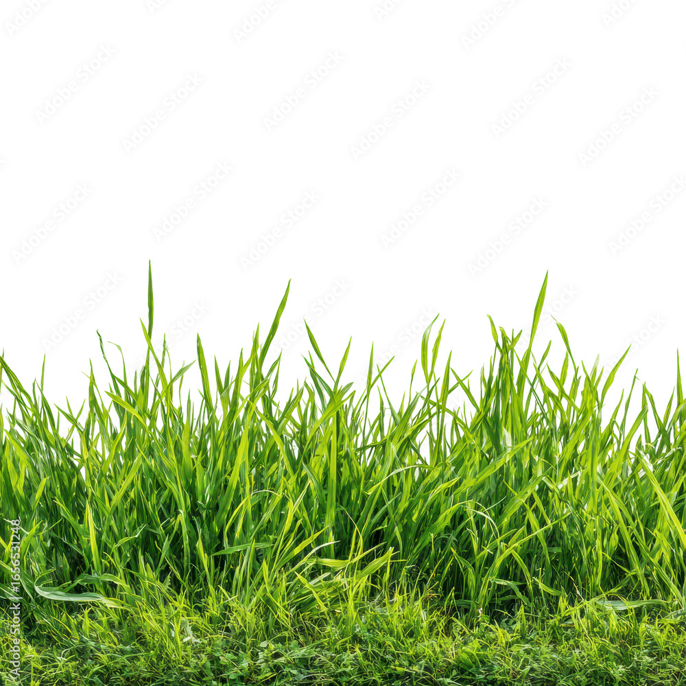 Fototapeta premium Lush green grass growing naturally in sunlit field landscape isolated on transparent background, png