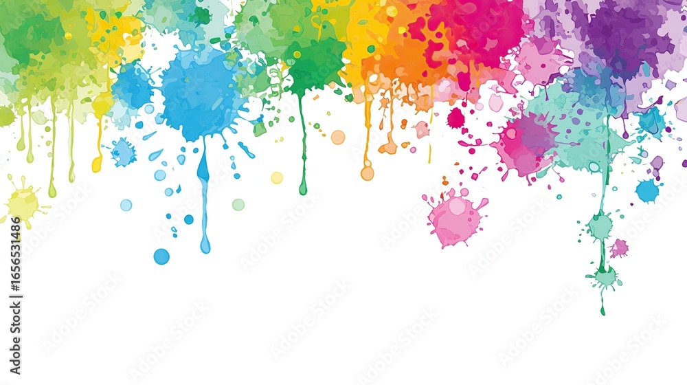 Fototapeta premium Colorful paint splashes and drips on white background and wall, featuring vibrant color drops and dots that create a dynamic, artistic display with bold hues and energetic patterns.